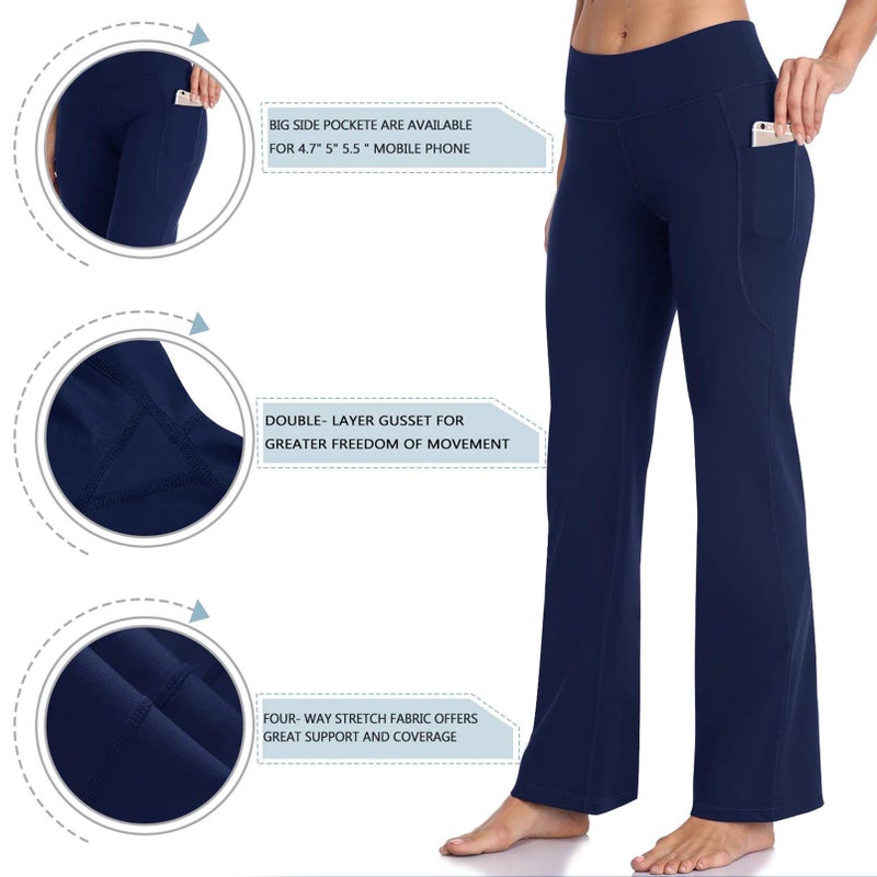 HISKYWIN Side Pockets Yoga Pants 4 Way Stretch Tummy Control Workout Running Pants, Long Bootleg Flare Pants HF201-Navy Blue-L - Image 5